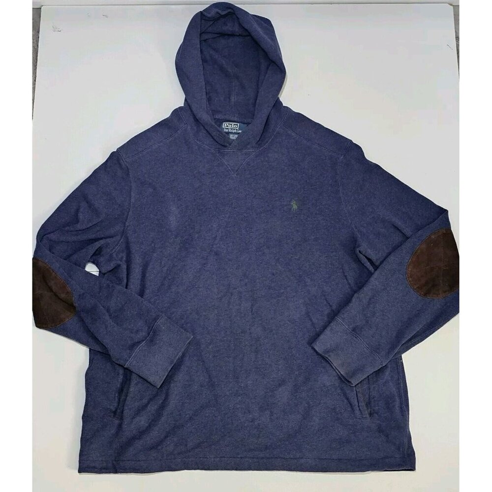 Vintage Polo Ralph Lauren Mens Hoodie XL Elbow Pads Blue Sweatshirt Green Pony